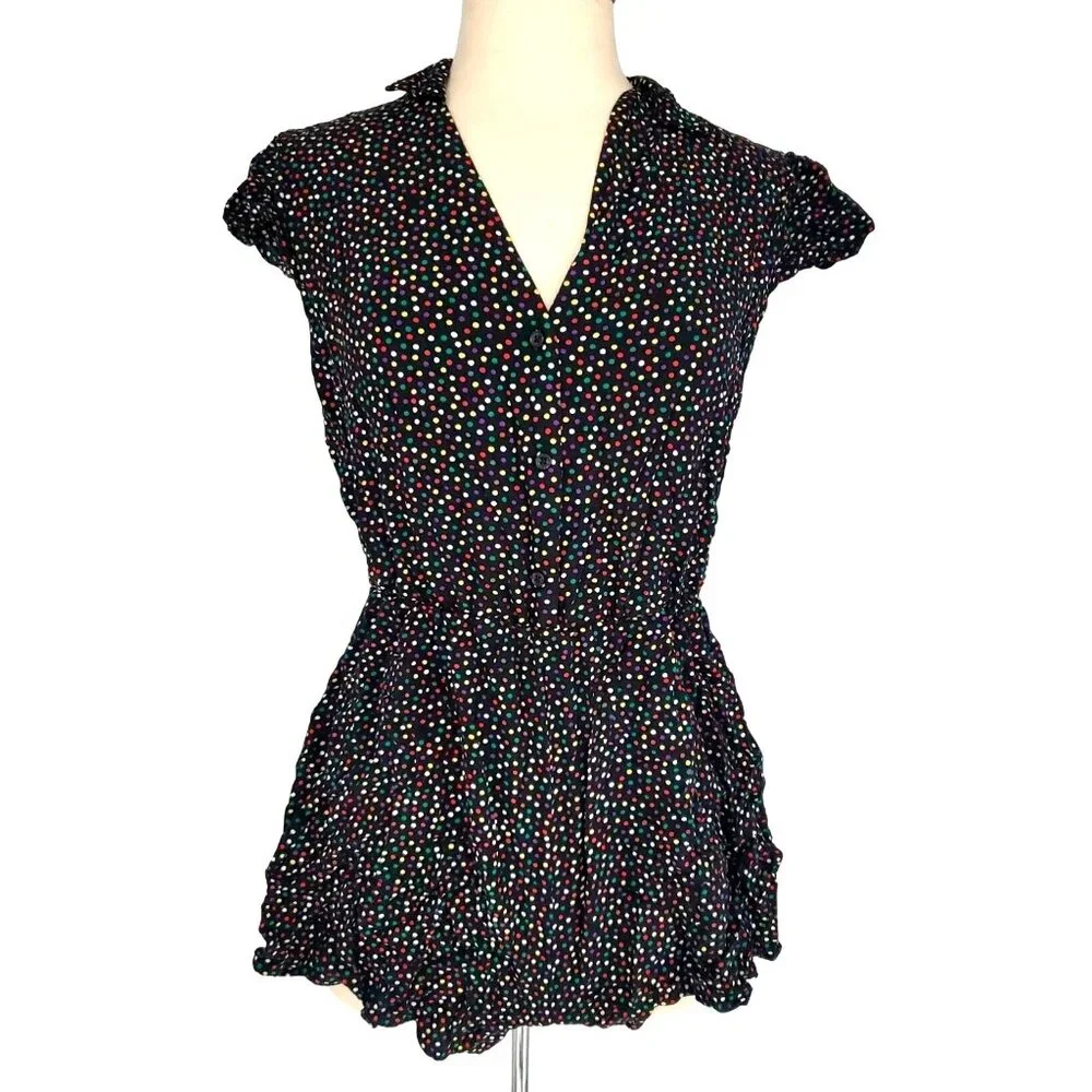 Xhilaration M Romper Shorts Colorful Polka-dot Button-Front Ruffle Short Sleeves